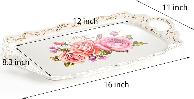 Nicunom 3 Pack Melamine Serving Tray with Handles, Floral Serving Trays Stackable Food Tray for Eating Unbreakable Large Serving Platter for Party, Decor, Home, Restaurant, Gift,16" L x 11" W