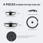 Hybrid Non Stick Frying Pans Set 4-Piece, 8 & 9.5 Inch Tri-Ply Stainless Steel Pans with Lid and Detachable Handle, PFOA Free Skillets for All Cooktops, Dishwasher & Oven-Safe Cookware Set