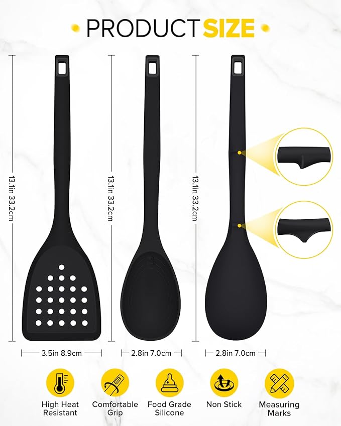 Pack of 4 Silicone Cooking Utensils Set, Non Stick Solid Spatulas and Heat Resistant Slotted Spoons with Back Hooks, Ideal BPA Free Kitchen Utensils Set for Frying,Serving,Turning,Stirring (BLACK)