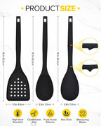 Pack of 4 Silicone Cooking Utensils Set, Non Stick Solid Spatulas and Heat Resistant Slotted Spoons with Back Hooks, Ideal BPA Free Kitchen Utensils Set for Frying,Serving,Turning,Stirring (BLACK)