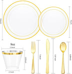 bUCLA 600PCS Clear Plates with Gold Trim - Clear Gold Dinnerware Set Disposable Include 100 Dinner/100 Dessert Plates, 100 Knives, 100 Forks, 100 Spoons, 100 Cups for Wedding, Party
