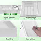9-Piece Bamboo Kitchen Drawer Organizer Set, Expandable Silverware &Utensil Organizer with Removable Knife Block & Steak Knives, Flatware Organization, Tableware Dividers Storage(White)