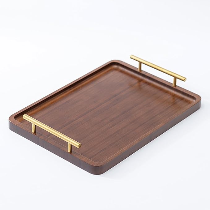 XZHXFX Bamboo Serving Tray with Gold Handles, Food Tray for Breakfast,Coffee Table,Dinner & Bar, Decorative Tray for Kitchen, Bedroom (Large)