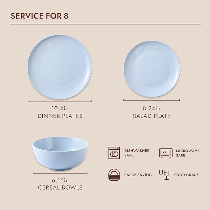 KINGSTONE 12-Piece Bone China Dinnerware Set for 4, Lightweight Porcelain Round Plates and Bowls Set, Durable Scratch Resistant Ceramic Dinner Set, Microwave & Dishwasher Safe, Misty Blue