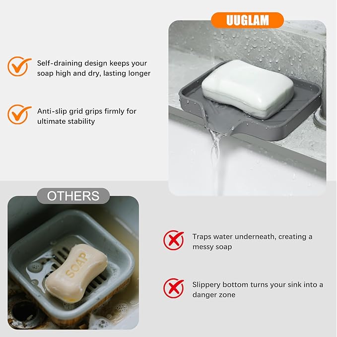 Silicone Soap Dish for Shower with Self Draining, 2 Pack Soap Holder for Bathroom, Silicone Sponge Holder for Kitchen Sink, Soap Tray for Dispenser, Scrubber, Bottle, 4.7"×3.9", Gray
