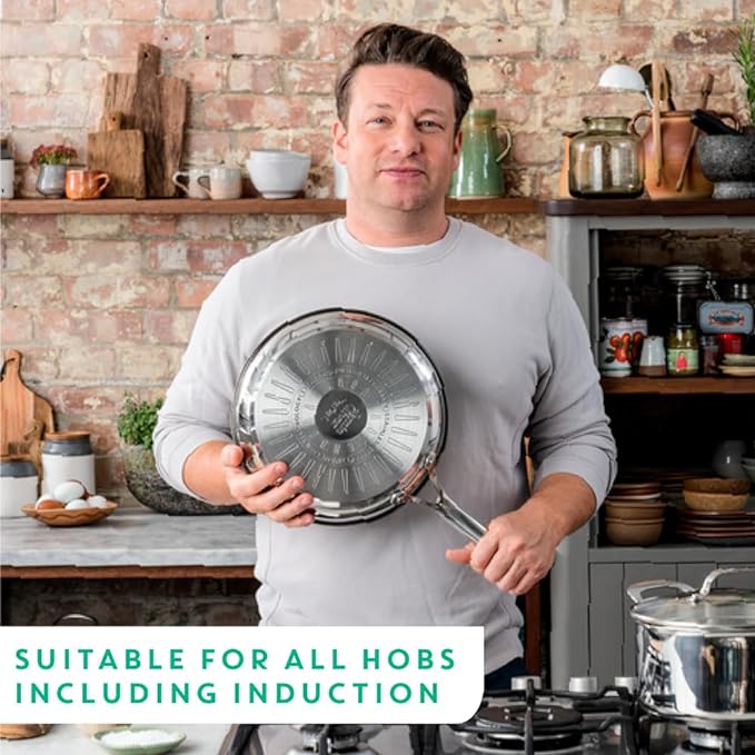 T-Fal x Jamie Oliver Nonstick Coated Stainless Steel Pans 9.5" & 11", Induction Compatible, Oven Safe up to 500°F, Chef's Stainless Steel Skillet, Frying Pan, Silver
