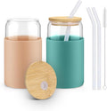 Glass Cups with Lids and Straws, 2 Pack 16OZ Iced Coffee Cups with Silicone Sleeve, Glass Tumbler with Straw and Bamboo Lid, Home Essential Drinking Set for Juice, Cocktail and Latte Khaki&Green