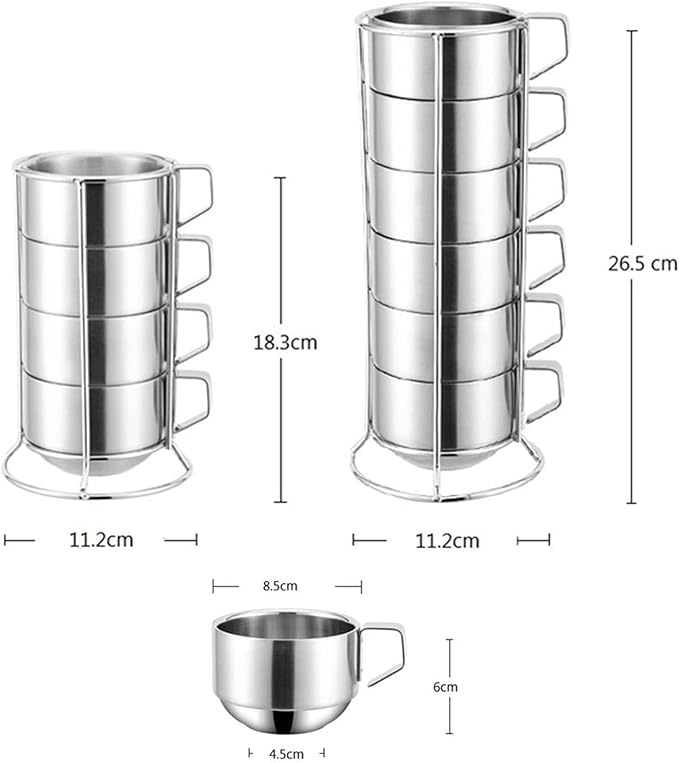 SZCXTOP 6.8 Oz Stainless Steel Coffee Cups Set of 6 Mug,Stackable Double Heat Insulation Metal Coffee Mugs with Stand Rack,Perfect for Cold Drinks or Hot Drink (6)