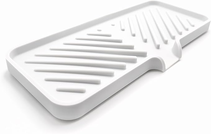 Happitasa Silicone Soap Dish Tray and Sponge Holder with Drain Chute and Feet | 3-Way Sloped Design | Bathroom and Kitchen Sink Organizer Caddy (White, 10"x4", 7.8 Ounces)