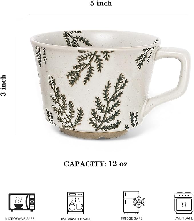 Vintage Ceramic Mug Set - 12 oz Unique Ceramic Coffee Mugs & Tea Cups with Hand-Drawn Patterns, Dishwasher & Microwave Safe, Ideal Gift