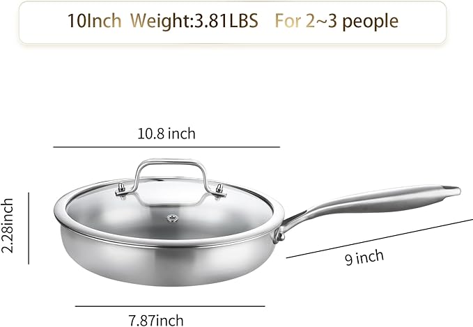 DELARLO Tri-Ply Stainless Steel Pan, 18/10 Frying Pan, Oven Safe Up to 600°F, Nontoxic Cookware, Compatible with All Cooktops Skillet, Durable, Fast Even Heat Fry Pan,9" Pan with Lid
