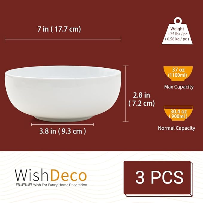 WishDeco Large Soup Bowls Set of 3, Ceramic Salad Bowls 37 oz, White Pasta Bowls 7 inch, Serving Bowl for Cereal, Noodle Ramen, Pho, Fruit