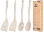 Pack of 4 Silicone Cooking Utensils Set, Non Stick Solid Spatulas and Heat Resistant Slotted Spoons with Back Hooks, Ideal BPA Free Kitchen Utensils Set for Frying,Serving,Turning,Stirring(KHAKI)