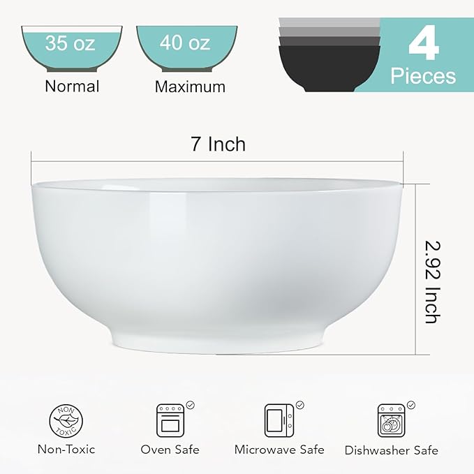 40 oz Off White Ceramic Soup Bowls, Ramen Bowls, Pho Bowls Set of 4, 7 Inch