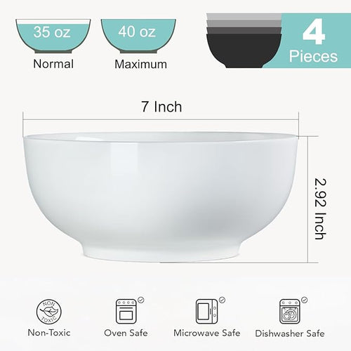 40 oz Off White Ceramic Soup Bowls, Ramen Bowls, Pho Bowls Set of 4, 7 Inch