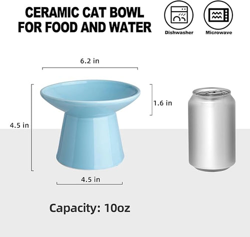 6.2 Inch Extra Wide Elevated Ceramic Cat Bowls, Food and Water Bowl Set for Elder Big Cats Small Dogs, Raised Design for Pet Easy Eating, Protect Cat's Spine Set of 1(Blue-1pc