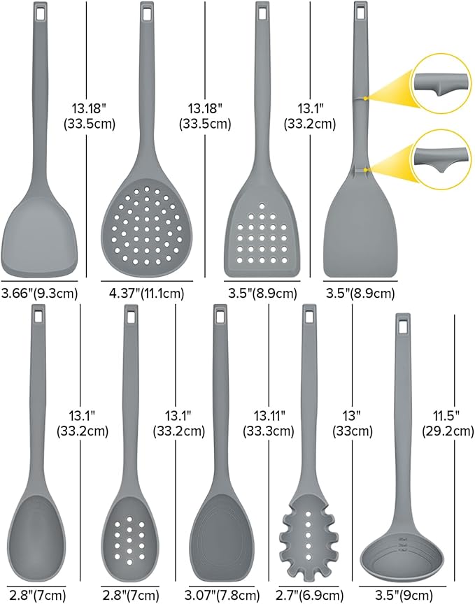 Silicone Cooking Utensils Set, 9 Pcs Heat Resistant Kitchen Utensils with Back Hooks, BPA Free Kitchen Tools with Spatulas, Spoons, Skimmer and Pasta Fork for Non Stick Cookware (GRAY)