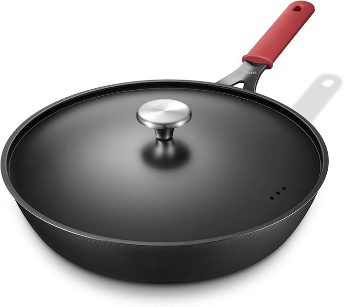 Carbon Steel Pan, 12 Inch Nonstick Frying Pan Skillet with Lid, Pre-Seasoned Carbon Steel Cookware with Removable Silicone Handle Holder, Indoor/Outdoor, Induction & Oven Safe