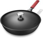 Carbon Steel Pan, 12 Inch Nonstick Frying Pan Skillet with Lid, Pre-Seasoned Carbon Steel Cookware with Removable Silicone Handle Holder, Indoor/Outdoor, Induction & Oven Safe