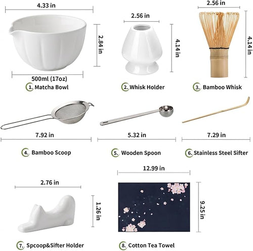 8 Pcs Matcha Whisk Set, HTRCXB Matcha Set with Ceramic Bowl, Bamboo Whisk & Holder, Scoop, Sifter, Measuring Spoon, Scoop Rest & Tea Towel, Complete Set for Beginners & Tea Lovers (Ceramic, White)