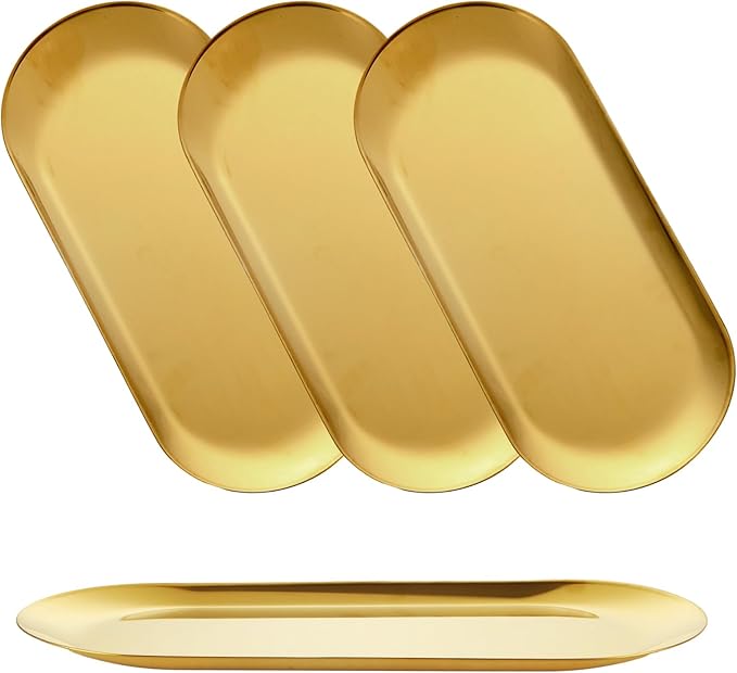 AKOLAFE 4PCS Stainless Steel Serving Tray Set Gold Platters for Serving Food Party Large Metal Trays Decorative 12" Long Plate Oval Storage Trays Thickened Serving Dishes for Entertaining Sushi Snack