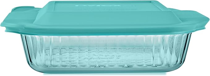 Pyrex Colors Tinted (8"x8") Tinted Glass Baking Dish with BPA-Free Lid, Oblong Bakeware Glass Pan For Casserole & Lasagna, Dishwasher, Freezer, Microwave and Pre-Heated Oven Safe, Aqua