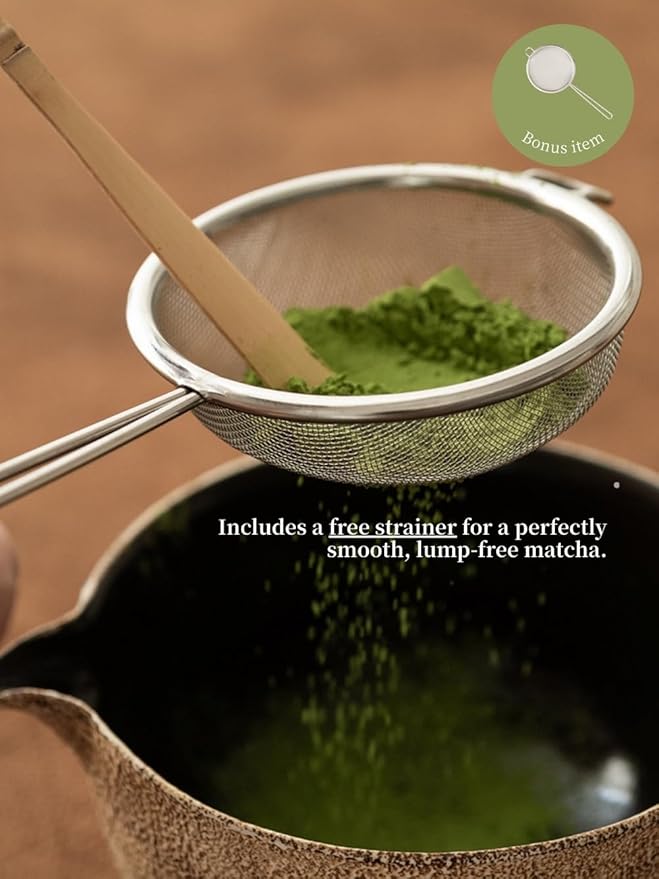 6-pcs Japanese Matcha Whisk Set, Handmade Ceramic Matcha Set with Bowl(Chawan),Bamboo Whisk(Chasen) and Holder, Scoop, Sifter & Tea Towel,Matcha Kit for Ceremony(Matte Oak Brown)