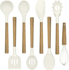 Non-Stick Silicone Kitchen Utensils Set with Natural Acacia Hard Wood Handle, Umite Chef 8 Pieces Kitchen Spatulas set, White, BPA Free, Baking, Serving and Cooking Utensils
