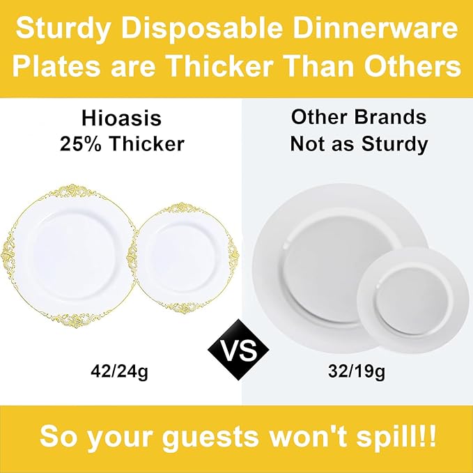 Hioasis 300pcs White and Gold Plastic Plates - Disposable Dinnerware Set Suitable for 50 Guests Include 10.25" Dinner & 7.5" Dessert Plates,Silverware Set, Cups for Wedding(NO Napkins Included)