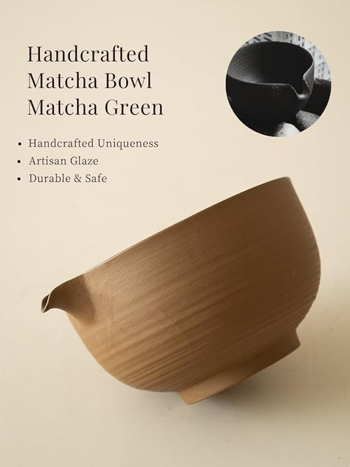 6-pcs Japanese Matcha Whisk Set, Handmade Ceramic Matcha Set with Bowl(Chawan),Bamboo Whisk(Chasen) and Holder, Scoop, Sifter & Tea Towel,Matcha Kit for Ceremony(Matte Oak Brown)