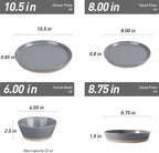 Famiware Saturn 16 Pieces Plates and Double Bowls Sets for 4, Stoneware Dinnerware Set with Pasta Bowl, Dish Set with Trim - Chip & Scratch Resistant, Microwave & Dishwasher Safe, Dark Gray