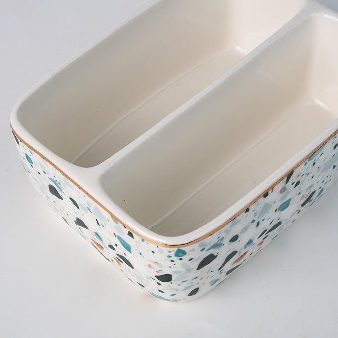 2 Compartments Ceramic Sponge Holder for Kitchen Sink, Cute Floral Countertop Dish Sponges Holder Soap Sink Organizer Farmhouse Caddy (Blue Terrazzo)