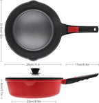 12 Inch Frying Pans Nonstick with Lid, Non Stick Saute Pan Skillet, Large Cooking Pan Kitchen Pans, Compatible with All Stoves, Detachable Handle, Oven Safe, PFOA Free, Red (5 Qt)