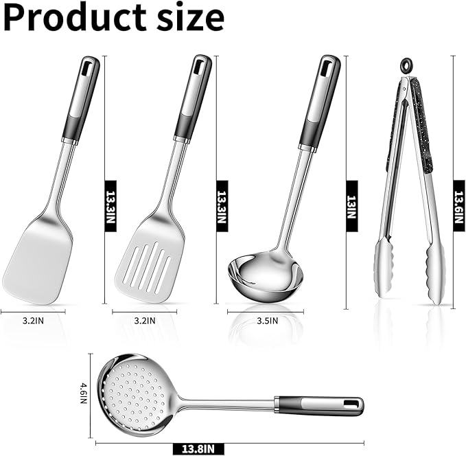 Stainless Cooking Utensils,Heavy-Duty Thickened Cooking Utensils,Kitchen Tools Include Solid & Slotted Spatula,Soup Ladle,Egg Whisk,Tongs,Skimmers