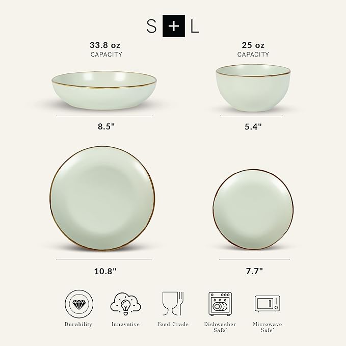 Stone Lain Brasa Stoneware 16 Piece Modern Dinnerware Set, Plates and Bowls, Service for 4, Light Green, Microwave & Dishwasher Safe
