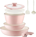8PCS Ceramic Cookware,Nonstick Ceramic Pan, Removable Handle Pots and Pans Set, Stackable Pan Set, Nonstick Pots and Pans Set Non Stick pot(Pink)