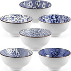 Ceramic Rice Bowls 10 oz, Japanese Style Bowl Gift Set, Assorted Dinnerware Serving Bowls for Cereal, Soup, Dessert, Snack, Fruit, Salsa, Pack of 6 (Blue and White)