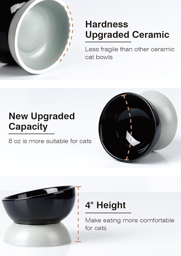 ABRUTY Cat Water Bowl, 16 OZ Ceramic Elevated Cat Bowls, 15° Tilted and Raised Pet Food Dish, Anti Vomiting Protect Pets' Spines and Whisker Fatigue, Black & Gray