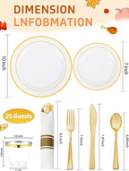 WDF Partyware 175PCS White and Gold Plastic Plates - Gold Plates with Rolled Napkins for Party - 25Guest Disposable Dinnerware Sets for Wedding/Baby Shower/Spring/Birthday/Mother's Day