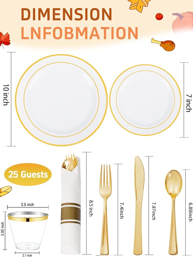 WDF Partyware 175PCS White and Gold Plastic Plates - Gold Plates with Rolled Napkins for Party - 25Guest Disposable Dinnerware Sets for Wedding/Baby Shower/Spring/Birthday/Mother's Day