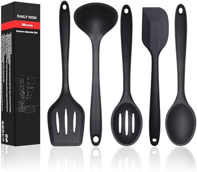 Silicone Kitchen Utensils Set, 5 PCS Heat Resistant Non Stick Cooking Tools, Silicone Spatula/Turner/Serving Spoon/Soup Ladle/Slotted Spoon, for Home and Camping