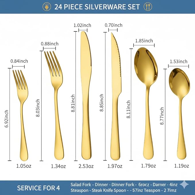 GPY Gold Silverware Set with Steak Knives, 36-Piece Stainless Steel Flatware Set Service for 6, Titanium Plated Gold Cutlery with Mirror Finish, Dishwasher Safe for Wedding, Party & Gift