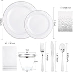 GATHER 176 Pieces Silver Plates - Disposable Silver Plastic Plates Includes 50 Plates, 75 Silverware, 25 Napkins, 25 Silver Rimmed Cups and 1 Tablecloth Perfect for Party & Weding