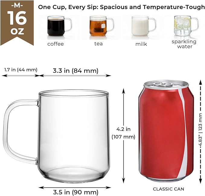 Aquach Glass Coffee Cups, 16 oz Large Clear Drinking Glasses, Dishwasher & Microwave Safe, Everyday Use for Coffee Tea Juice, Home Office Kitchen Essentials, 2-Pack