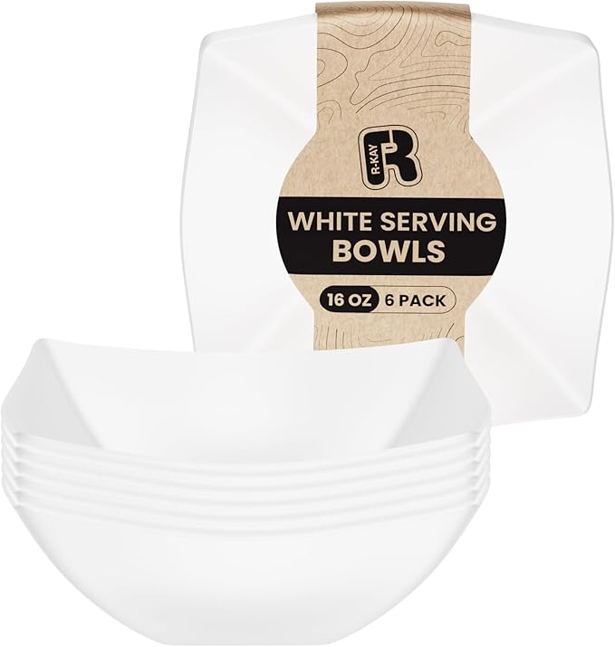 R-kay 6 Pack Square Plastic Serving Bowls - White Plastic bowls 16 Oz - Premium White Bowls Disposable Heavy Duty For Weddings Catering And Birthday parties