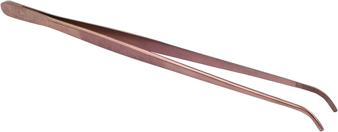 O'Creme Stainless Steel Precision Kitchen Tweezer Tongs with Serrated Tips for Gripping (10" Curved, Rose Gold)