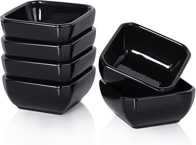 DELLING 6 Oz Square Porcelain Ramekins Set of 6, Oven Safe Creme Brulee Ramekins - Black Ceramic Souffle Dishes, Dishwasher Microwave Freezer Safe Baking Cups for Dessert Custard Pudding