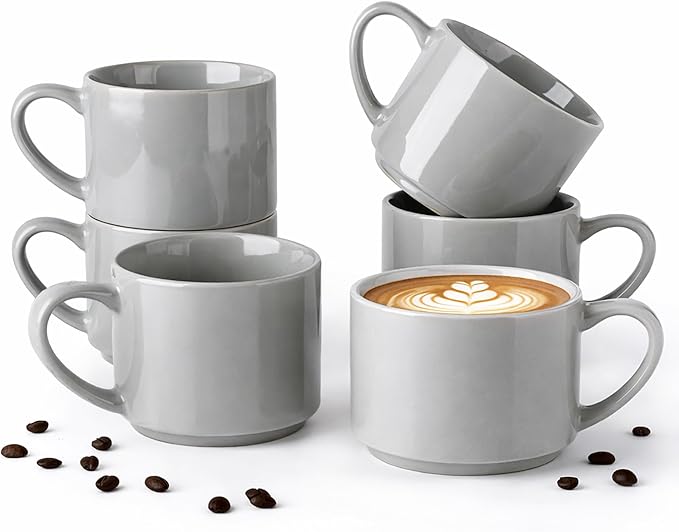GBhome 14 OZ Coffee Mugs Set of 6, Stackable Ceramic Mugs for Men, Women, Modern Coffee Mugs for Latte,Cappuccino,Hot Cocoa. Dishwasher & Microwave Safe, Gray