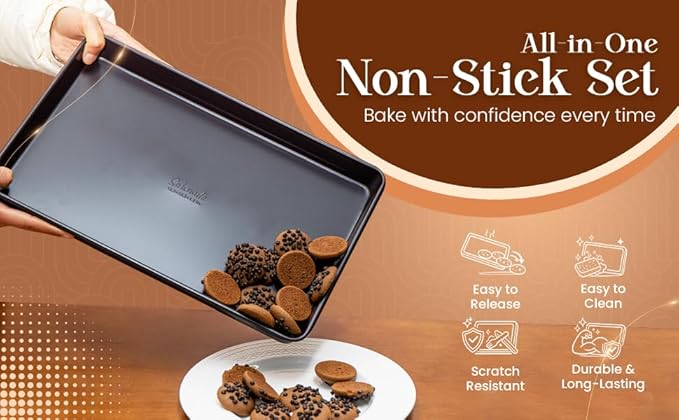 8 Piece Nonstick Stackable Bakeware Set -8 Piece Nonstick Bakeware Set - Easy Storage, 450°F Oven Safe, Durable Design, Muffin, Loaf, Baking Sheets, Round & Square Pan, Roaster; BPA-Free (Dark Brown)