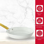 Holstein Housewares 8-Inch Ceramic Nonstick Frying Pan Skillet, Elegant White and Gold Color Handle - Golden Elegance for Every Kitchen